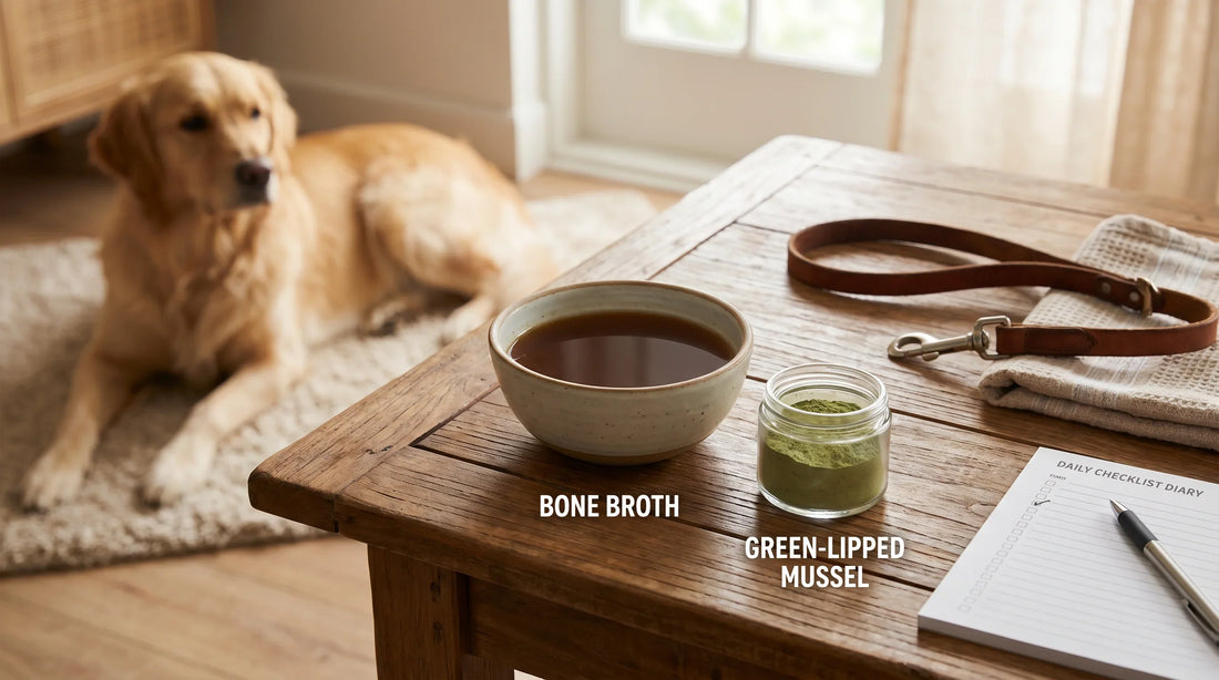 Natural joint support toppers for dogs: green‑lipped mussel, bone broth and daily routines